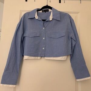 Zara Cropped Blue Shirt with White Collar size small gently worn
